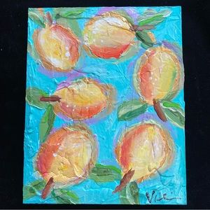 Summer Lemons On Aqua Original Textured Acrylic Painting  8”x10”